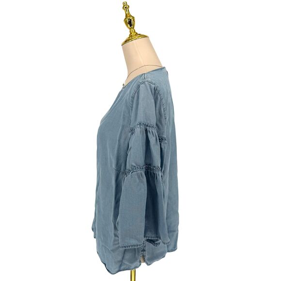 J. Jill Denim Blue Chambray Tiered Ruffle Bell Sleeve Blouse Top XLP Beachy READ - Picture 9 of 16